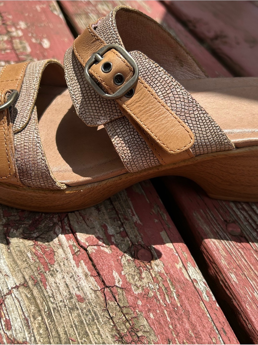 Dansko Tan & Brown Leather Slide Mules with Buckles - Picture 4 of 9